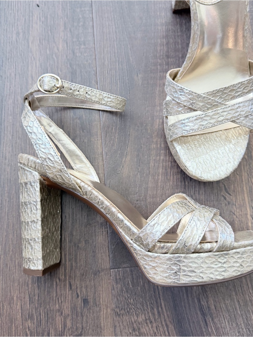 Naturalizer Mallory Platform Heeled Sandals | Gold Snake | Size: 9.5 Wide - Picture 8 of 10